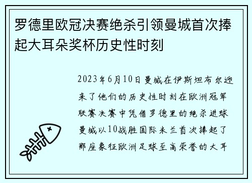 罗德里欧冠决赛绝杀引领曼城首次捧起大耳朵奖杯历史性时刻 罗德里欧冠决赛绝杀引领曼城首次捧起大耳朵奖杯历史性时刻