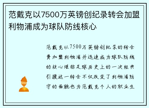 范戴克以7500万英镑创纪录转会加盟利物浦成为球队防线核心 范戴克以7500万英镑创纪录转会加盟利物浦成为球队防线核心